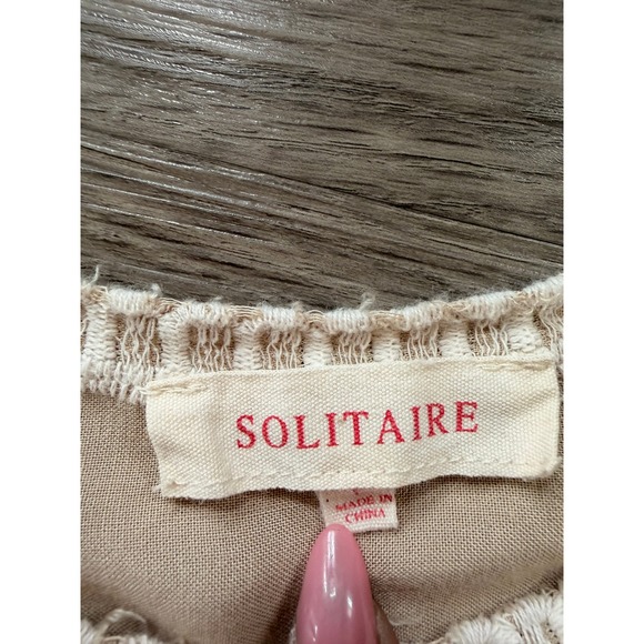 Woman's Tan Embroidered Scalloped Hem Boho Top Lg Whimsical Prairie Cottagecore - Picture 9 of 11